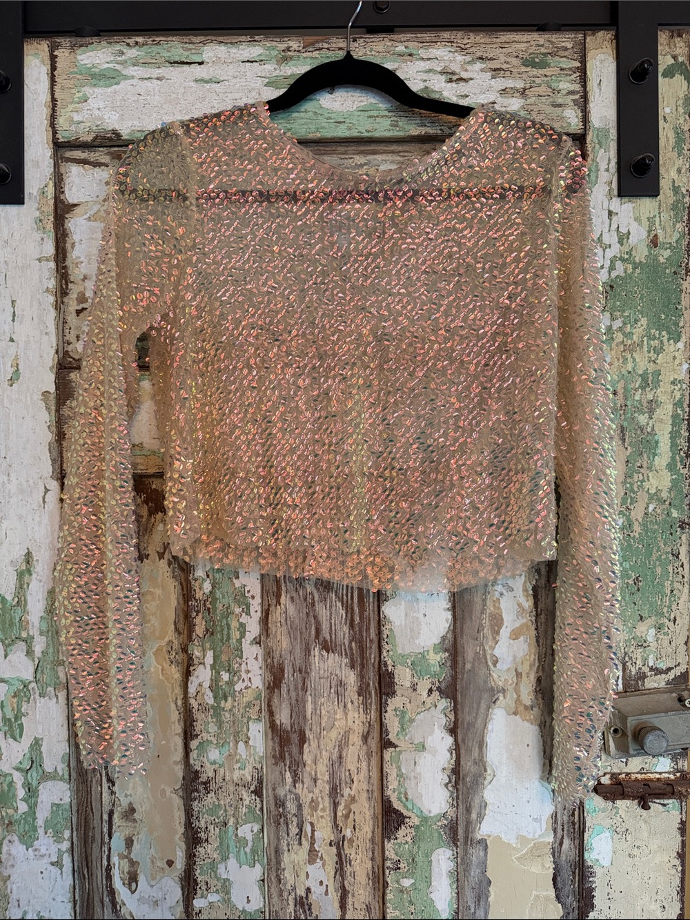 Zara Iridescent Sequin Sheer Cropped Sweater in Pink and Cream